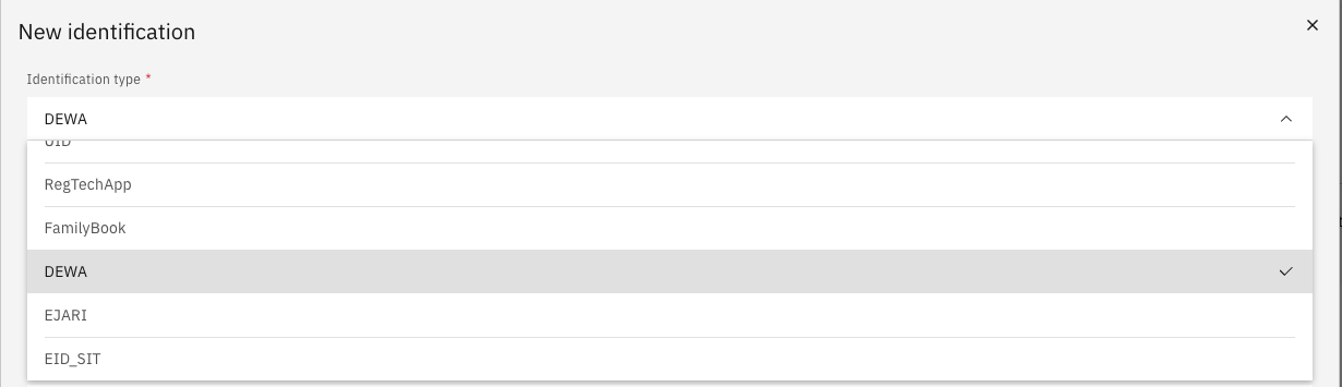 The identification type dropdown open, showing DEWA and Ejari as selectable options alongside other document types
