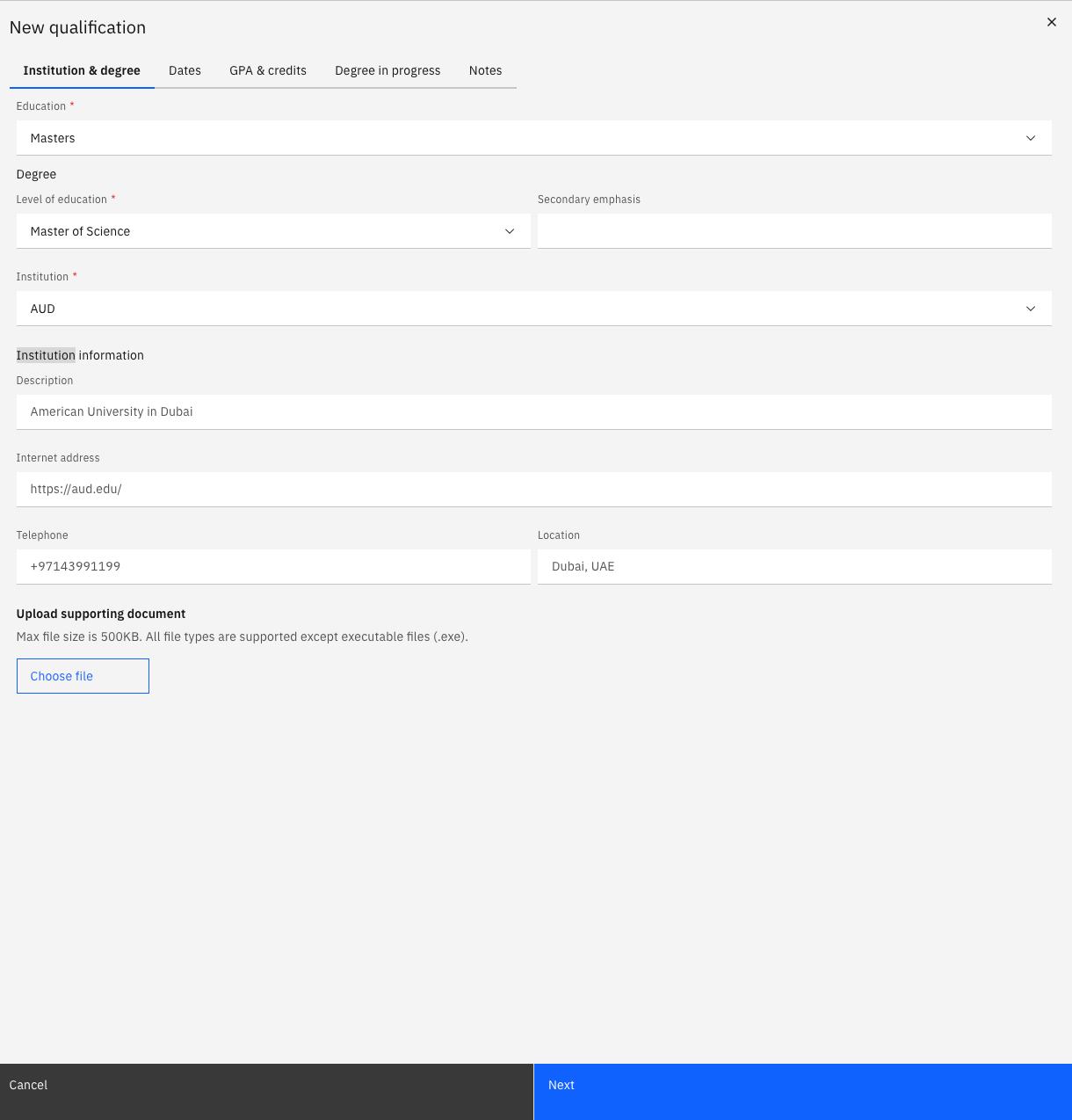 The Add New Qualification form showing the education type dropdown, institution field, and Choose file upload control