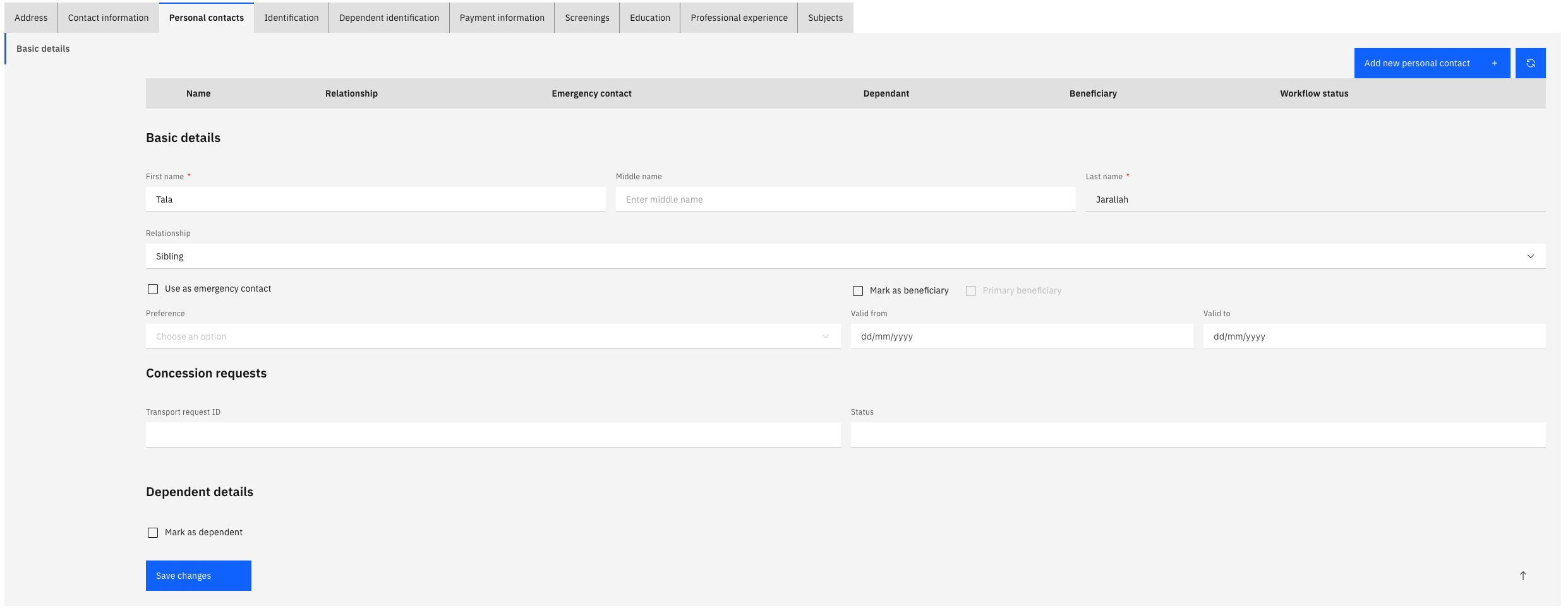 The Add Personal Contact form showing the Basic Details sub-tab with name, relationship type, and Emergency Contact and Beneficiary toggle fields