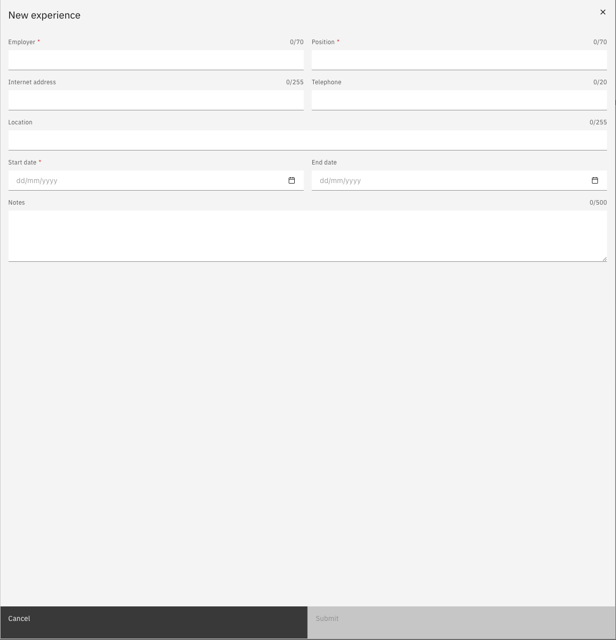 The Add New experience form showing the Employer's name, position, and start/end date fields