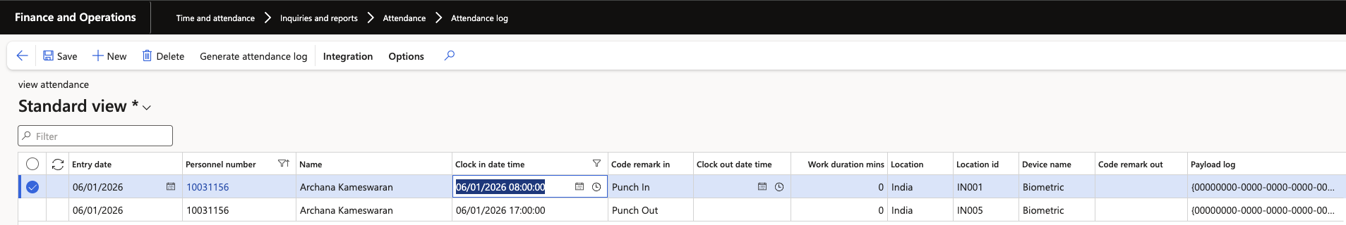 Editing the clock in date and time on an attendance log record
