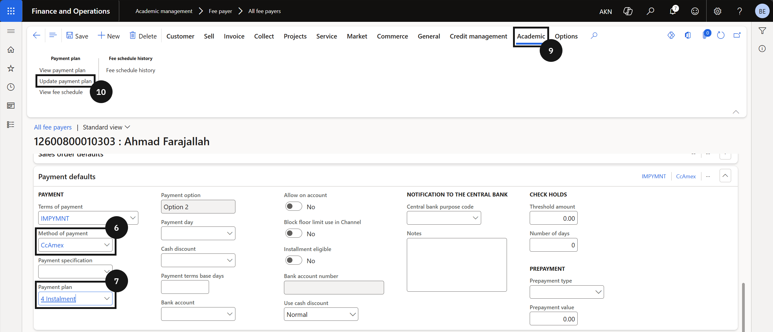 Apply Payment Plan to Fee Payer — the Method of payment and Payment plan fields and the update payment plan dialog