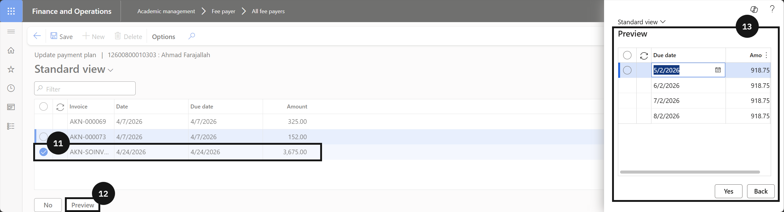 Apply Payment Plan to Fee Payer — the Preview showing the split invoice instalments