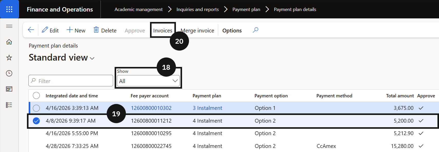 Apply Payment Plan to Fee Payer — the Payment plan details view showing the split invoices