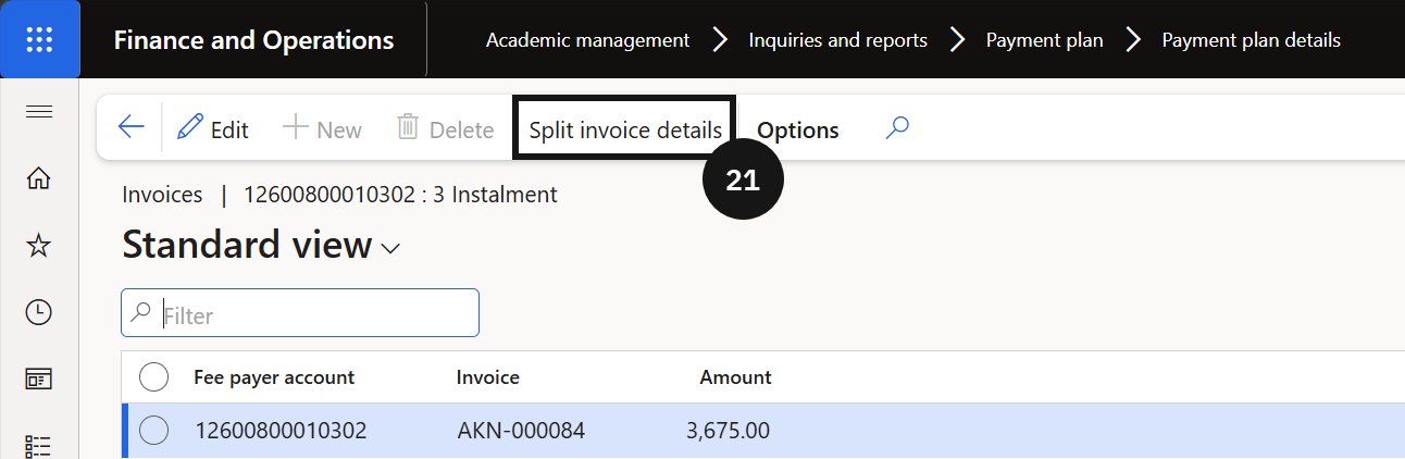 Apply Payment Plan to Fee Payer — the Split invoice detail panel