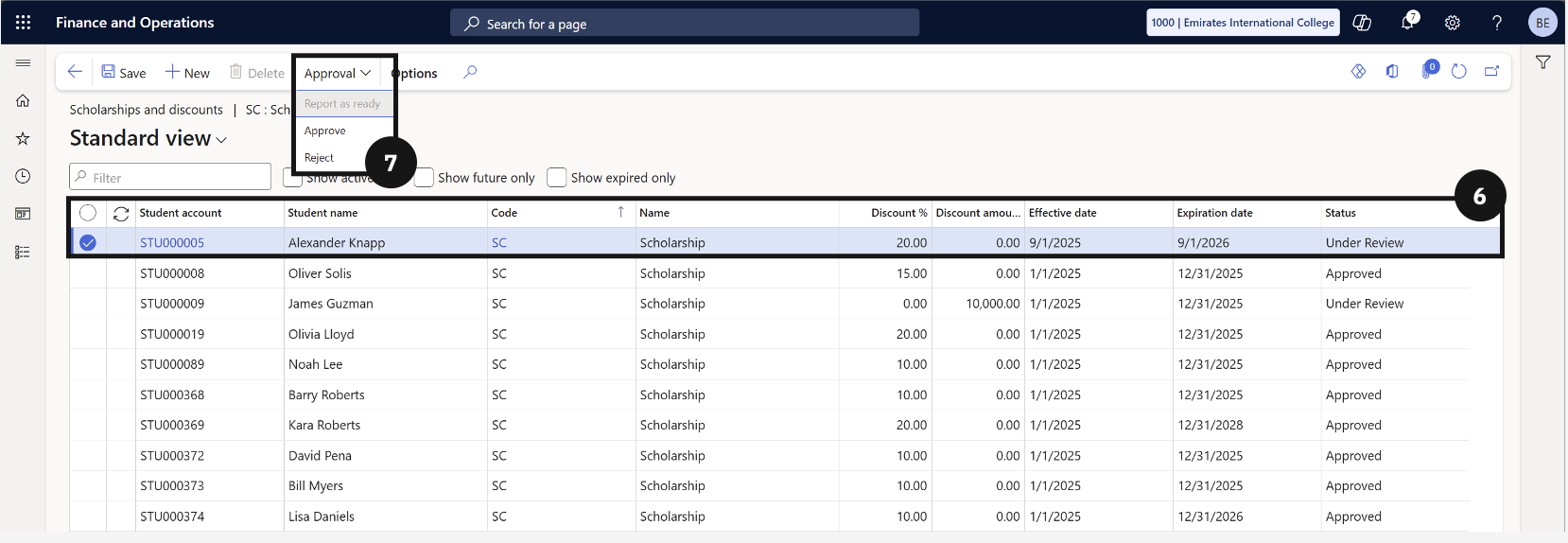 Approve or reject discount — the Approval dropdown showing Approve and Reject options