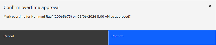 The confirmation prompt shown when approving an overtime entry