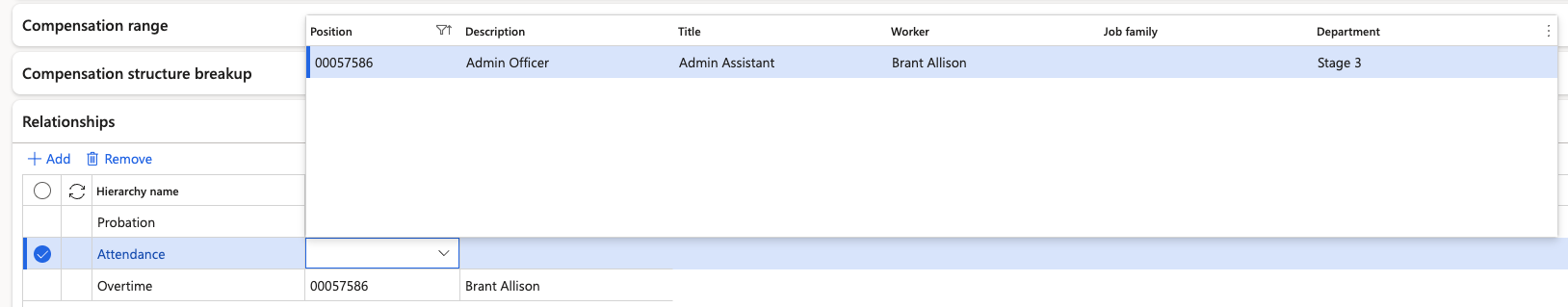 The relationship tab open with the overtime approver already assigned, the selection in progress for the attendance approver