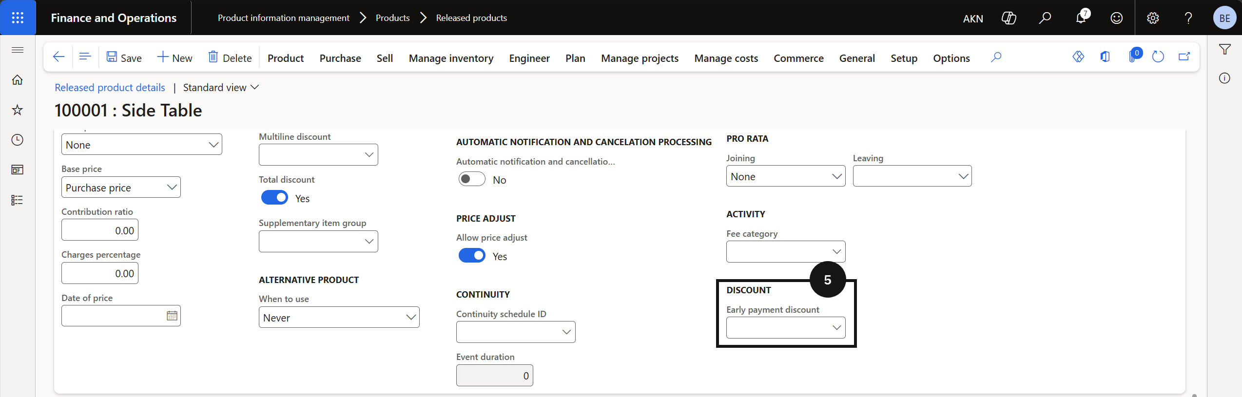 Assign Early Payment Discounts to Products — the Early payment discount field with the discount code assigned