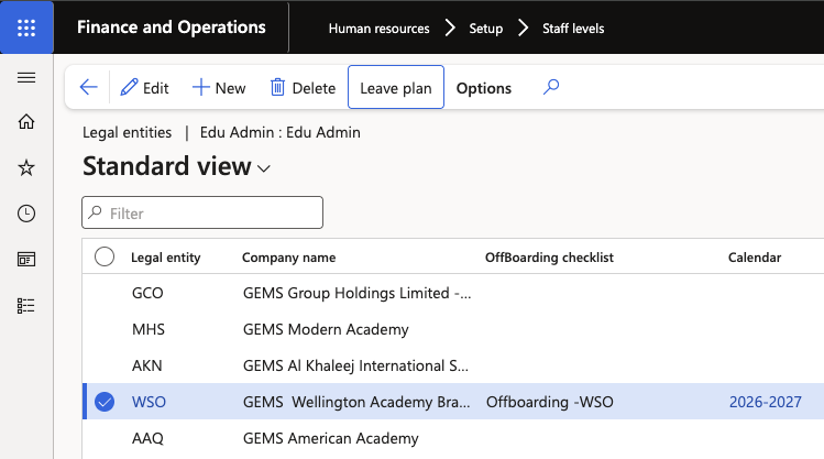 The staff level form showing the calendar and the leave plans selected for a legal entity
