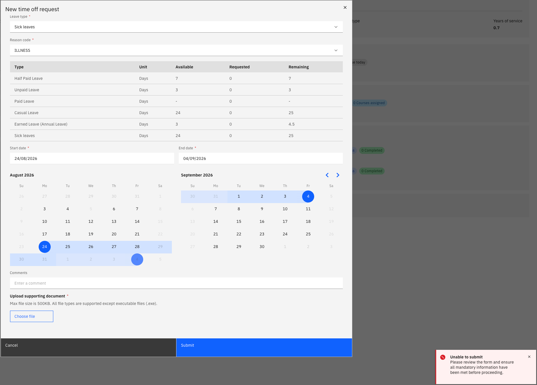 The ESS sick leave request showing the 'Review the form' notification