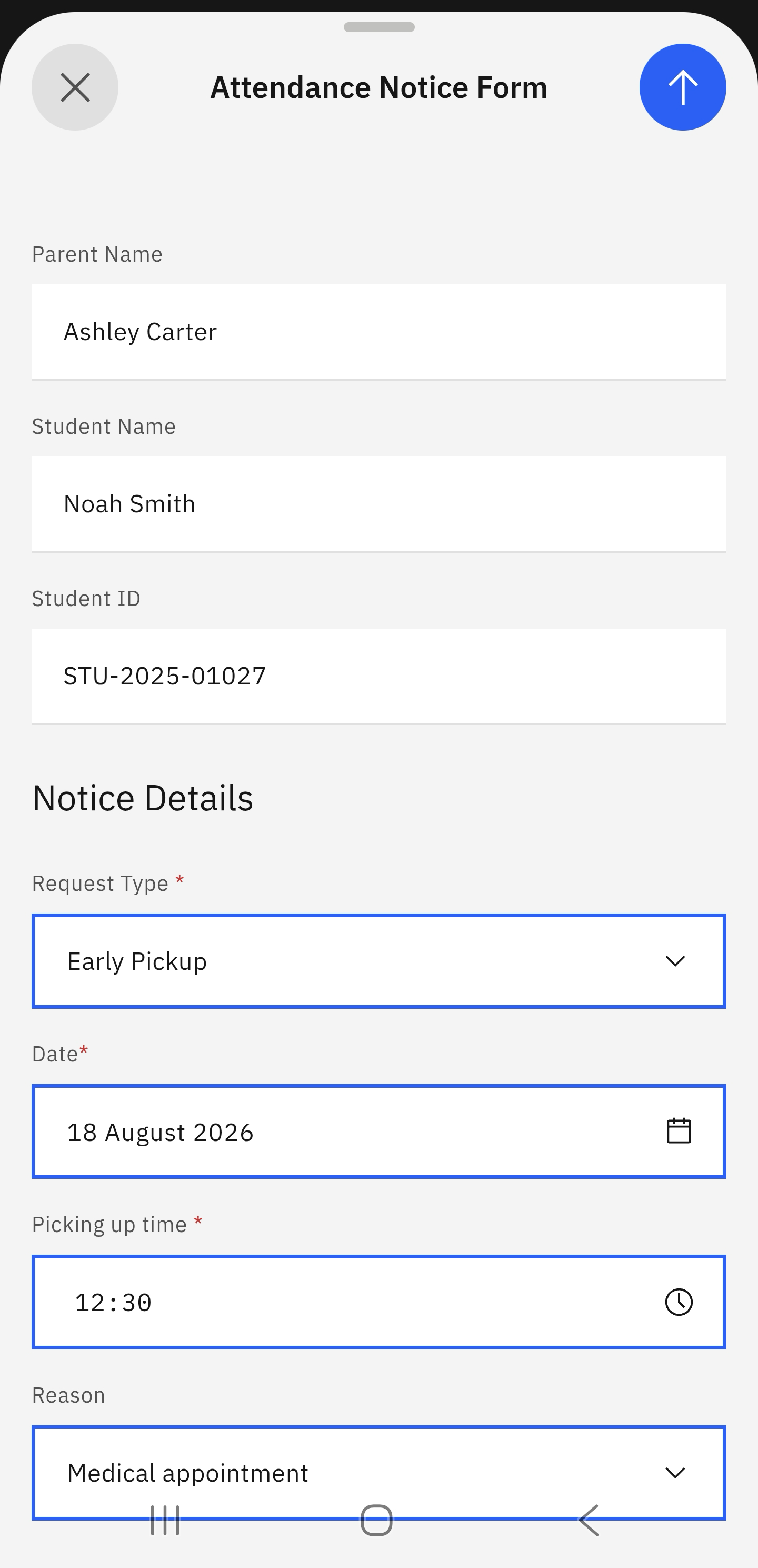 Completed late/early notice form with the send arrow active