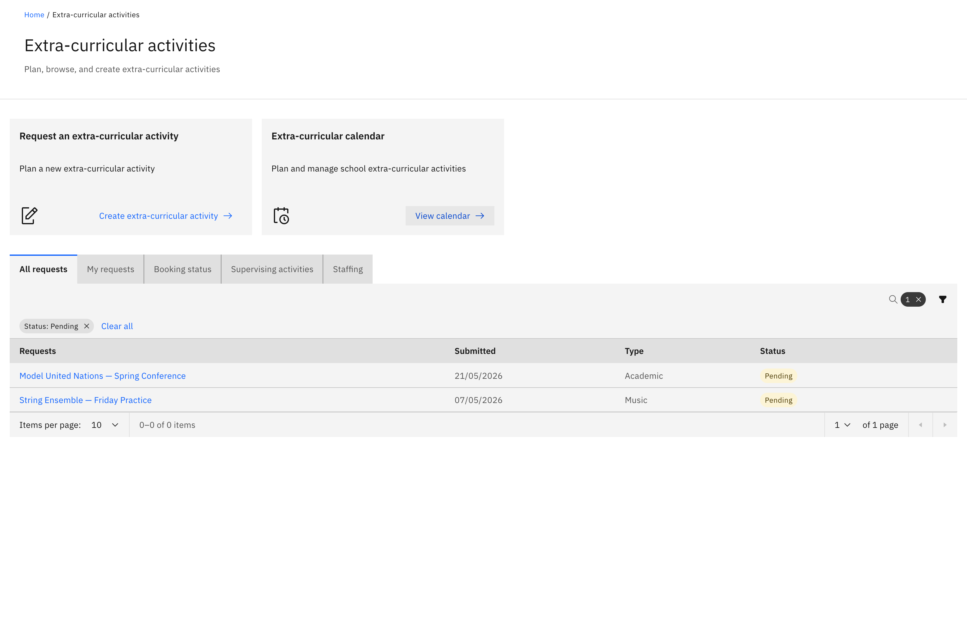 The Extra-curricular hub — the two action cards (Request an extra-curricular activity, Extra-curricular calendar) above the row of tabs and the request table