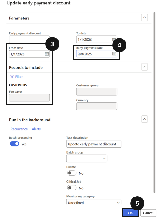 Bulk Update Early Payment Discounts — the Update early payment discount dialog with date range and Early payment date fields