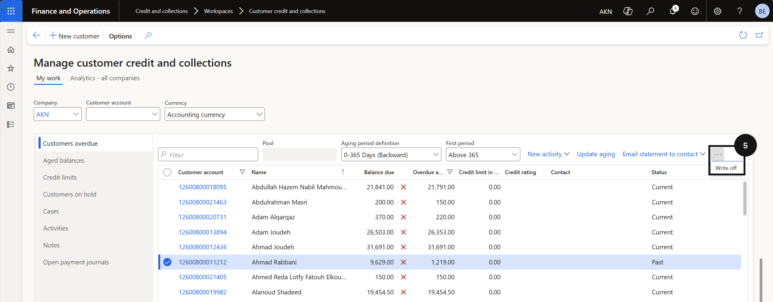 Customer Bulk Write-Off — the Write Off dialog with Write Off Date, Reason Code, Description, and Posting account fields