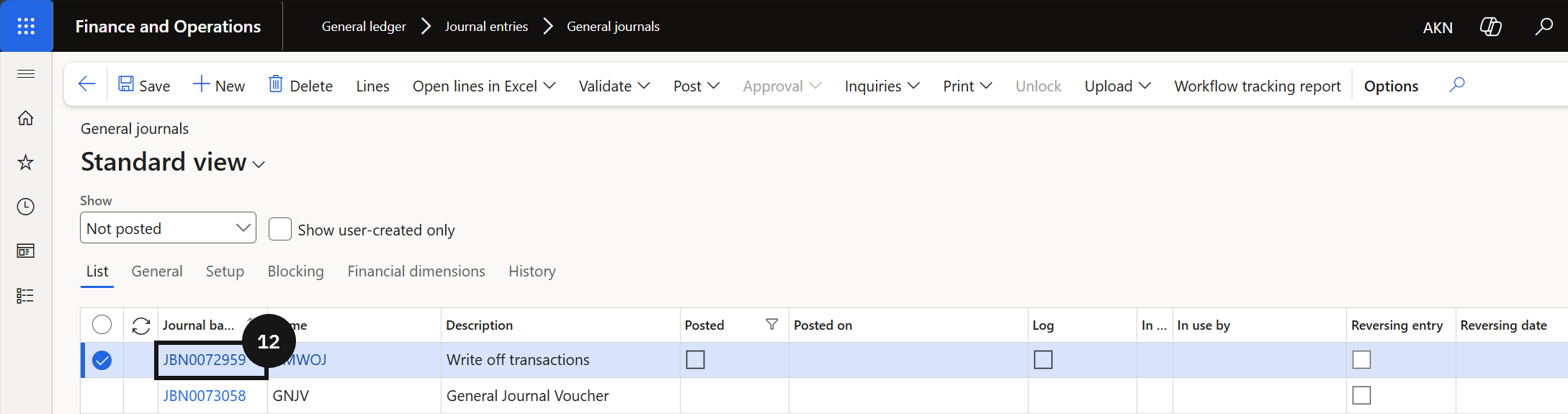 Customer Bulk Write-Off — the General journals list with the new write-off journal