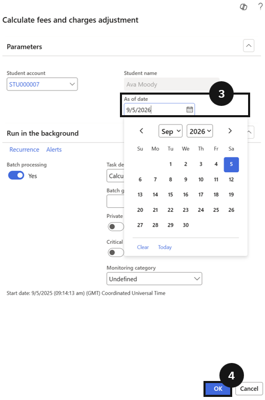 Calculate Fee and Charge Adjustment — the dialog with the last day at school date field