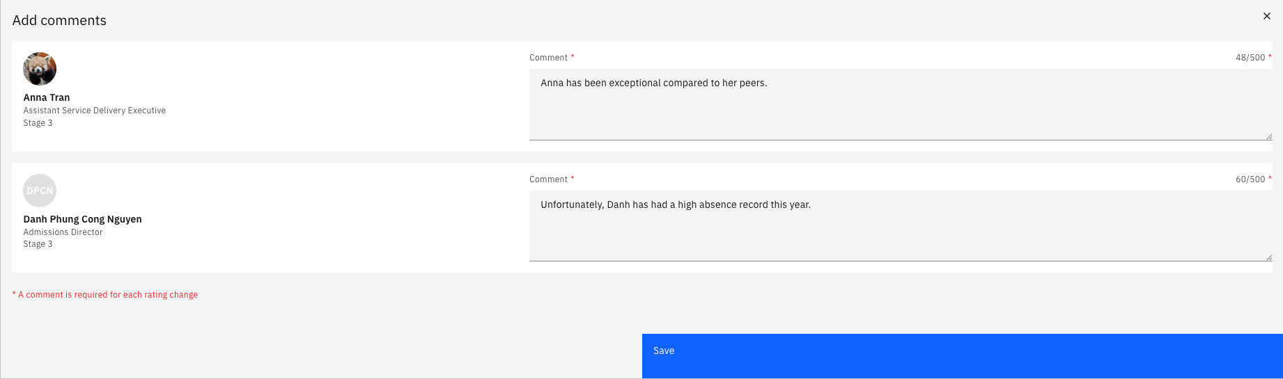 The comment prompt shown when saving a calibration change