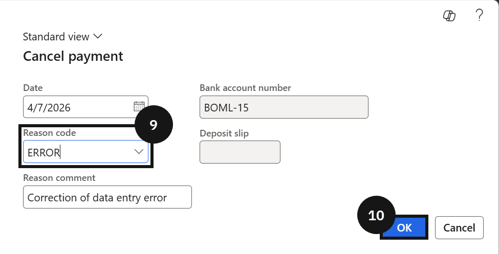 Cancel a Cheque — NSF — the cancel payment window with the reason code highlighted