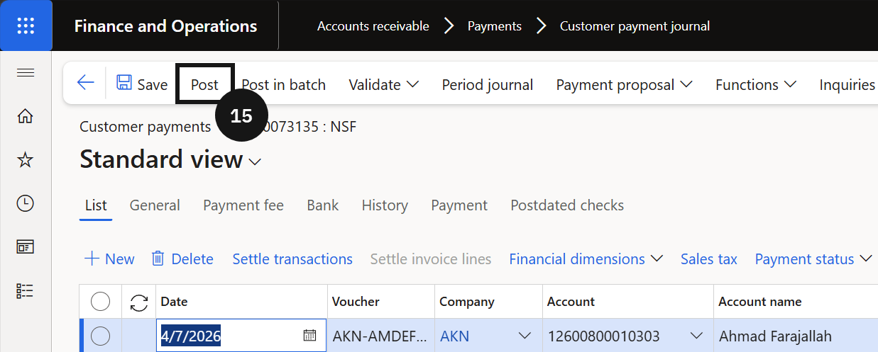 Cancel a Cheque — NSF — the Customer payment journal with the NSF journal located and the Lines view ready to Post