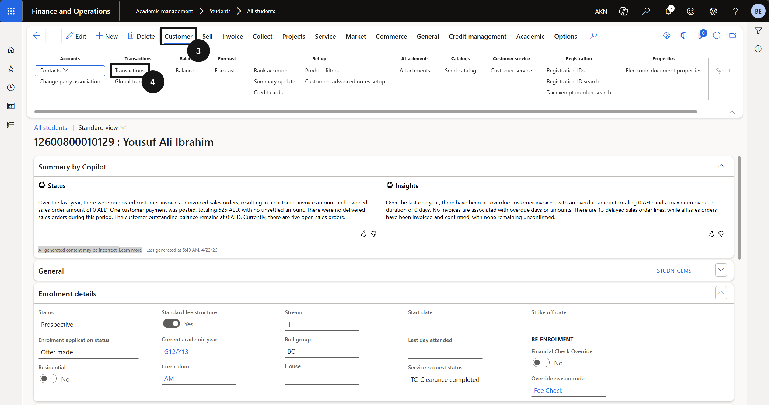 Cancel a Receipt — the Customer transactions list with the payment transaction selected and the Reverse option in the toolbar