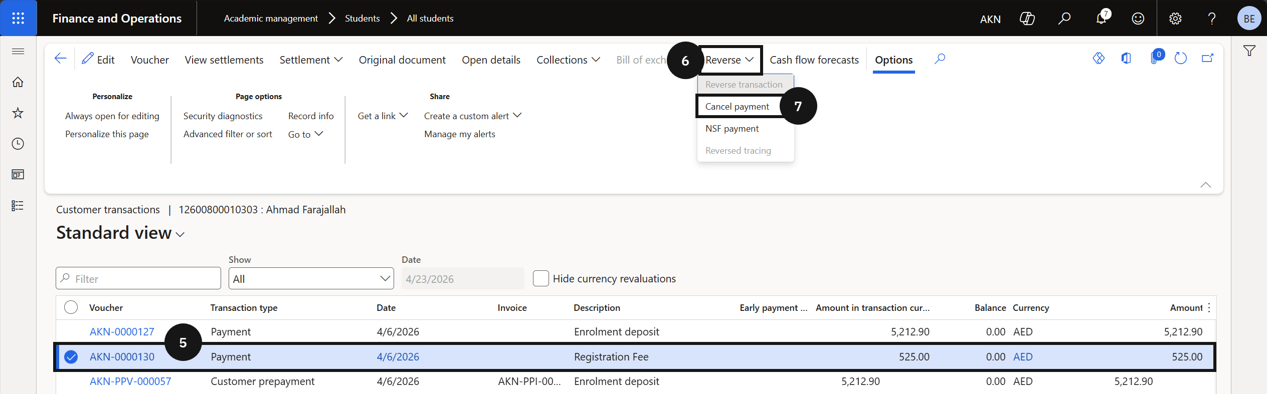 Cancel a Receipt — the Cancel payment dialog with the reversal date and Reason code fields
