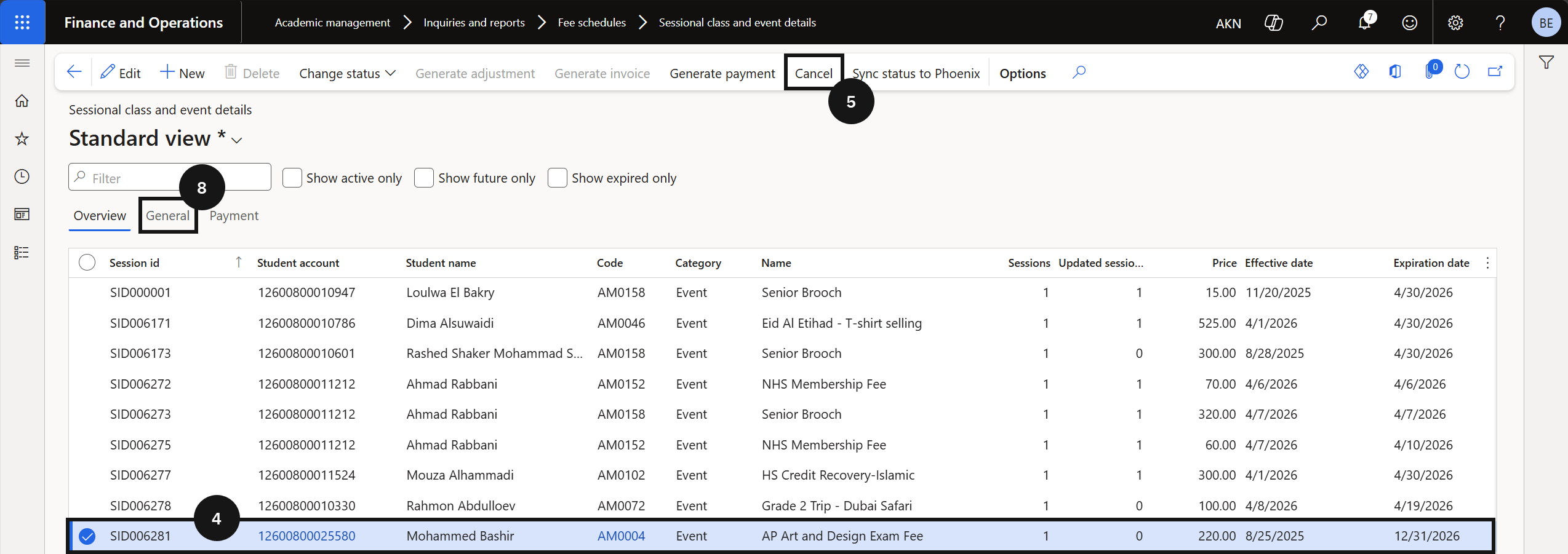 Sessional Class and Event Enrolment Cancellation — the Sessional class and event details form with the Cancel button highlighted