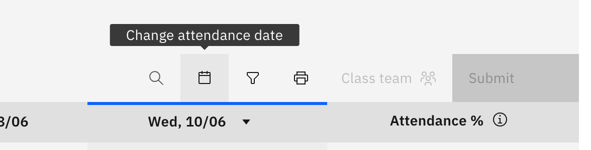 The roll toolbar with the calendar icon highlighted and its Change attendance date tooltip