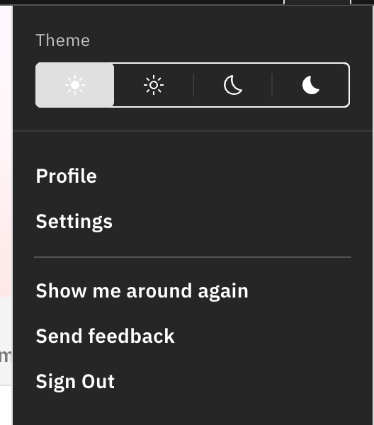 The User menu open with the four theme options — Light, Subtle light, Subtle dark, and Dark