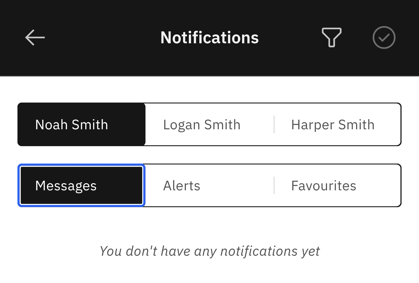 Notifications page showing different notification tabs