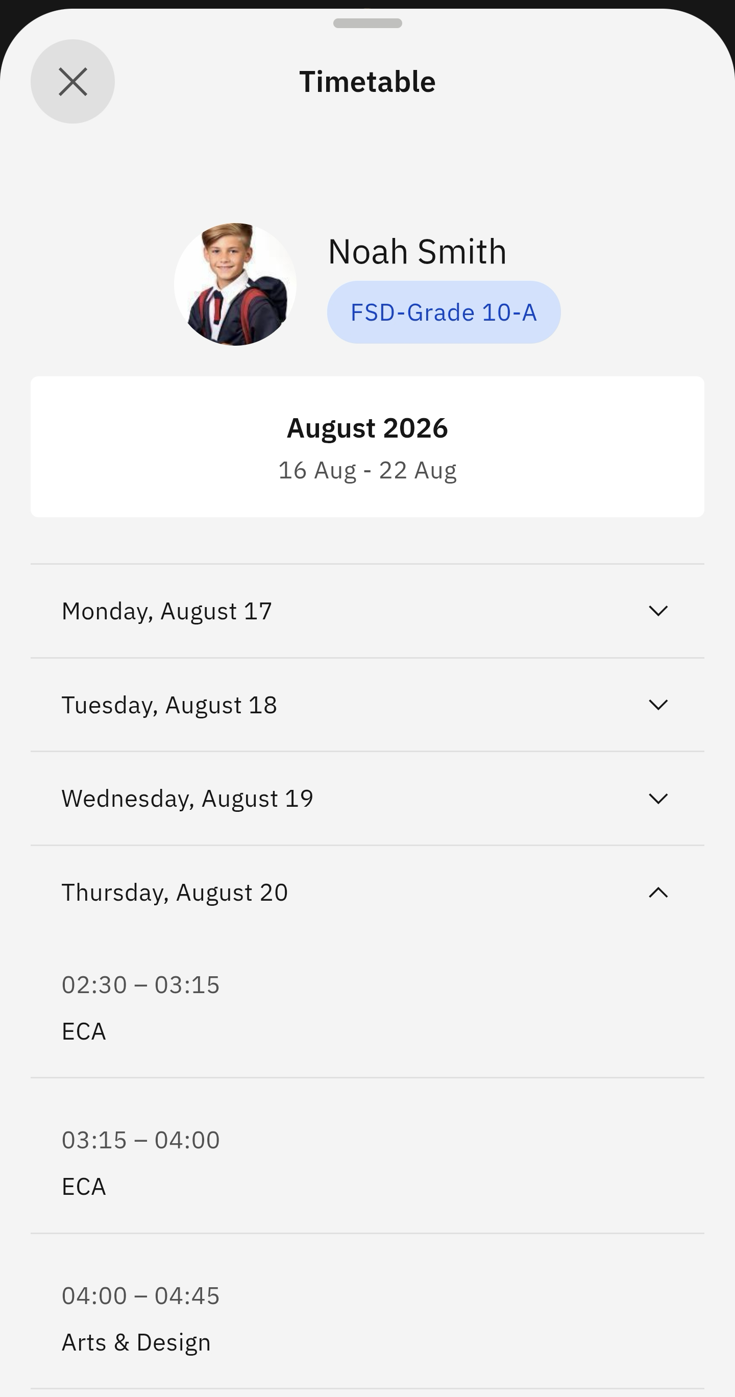 Weekly timetable displayed on the app