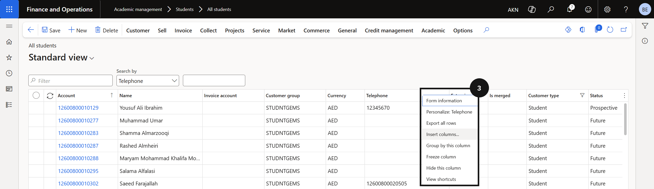 Clear Financial Check Overrides — the All Students list with Financial check override column added via Insert field