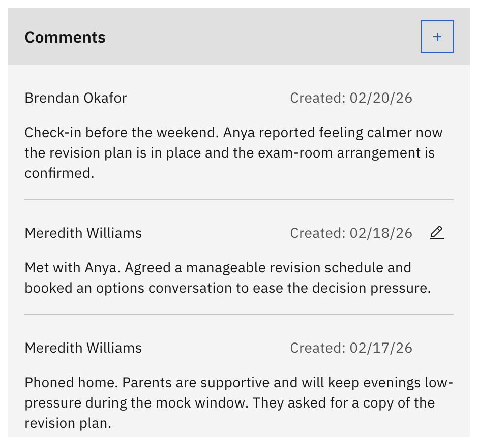 The Comments tile on a case detail page with the + add-comment button at the top right