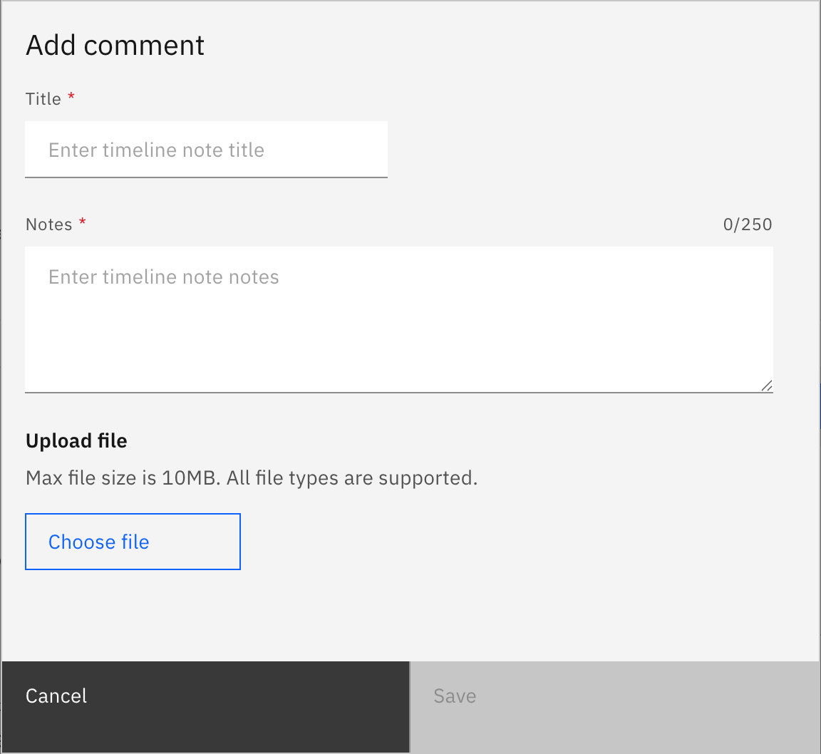 The Add comment form showing the Title field, Notes field, and Upload file control