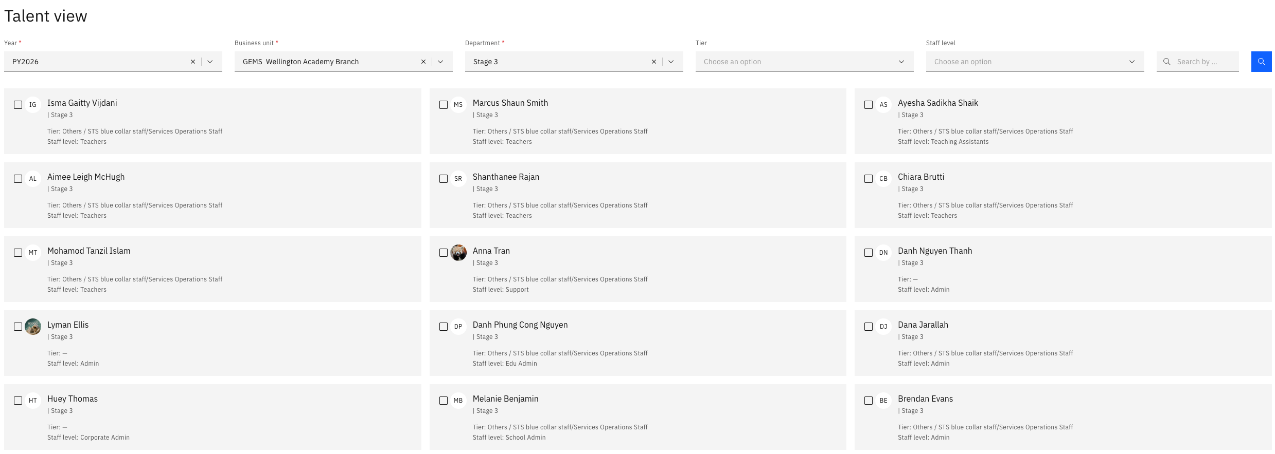 Talent view after inputting filters in the ESS manager view