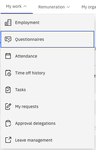 Accessing the questionnaires tab from My work in the navigation bar