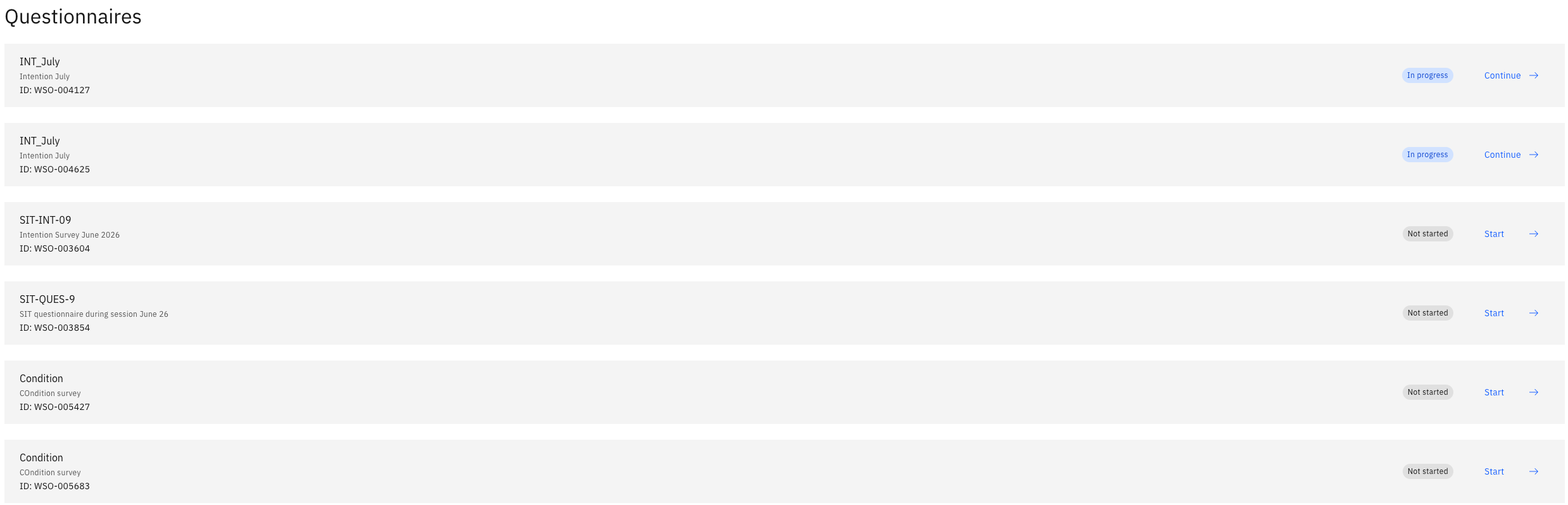 The Questionnaires tab showing a list of assigned questionnaires with their statuses (Not Started, In Progress, Completed)
