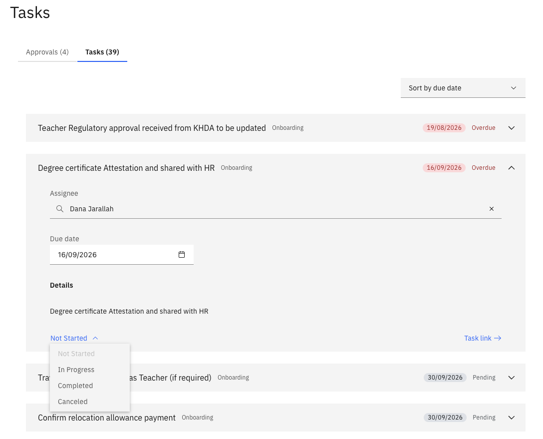 The Tasks screen showing a list of onboarding tasks with statuses including Open and Completed