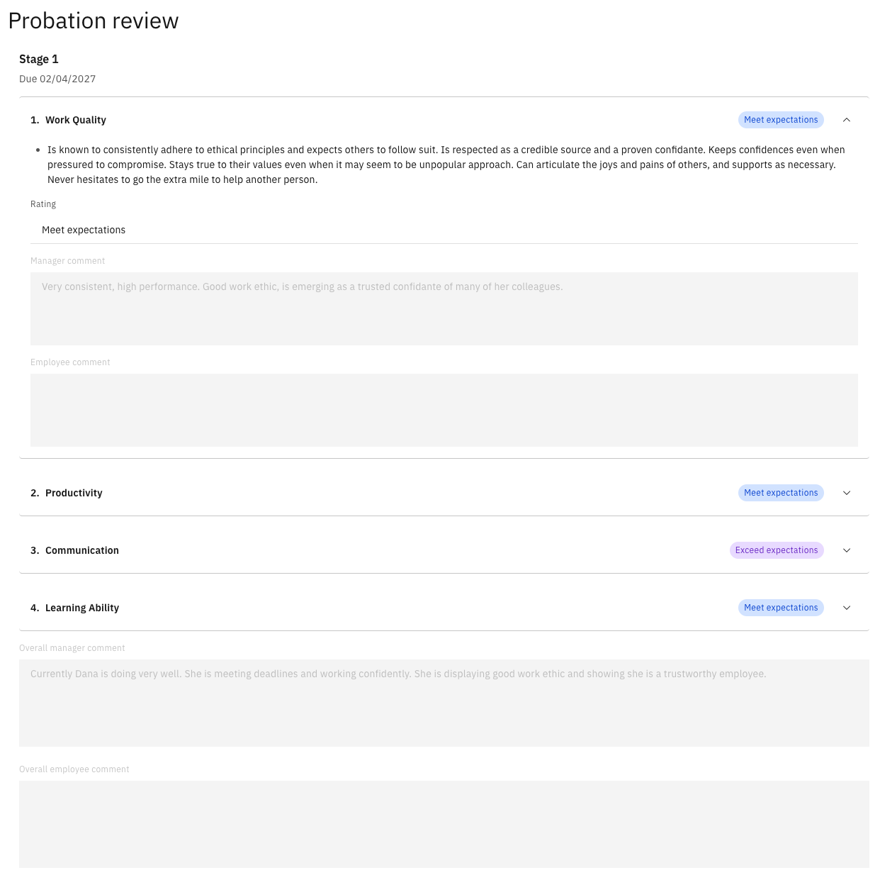 The probation feedback form showing the manager's competency ratings (read-only) and the Employee Comment fields for the employee to fill in