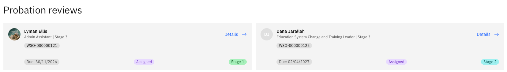 The Team Probation Review Requests list showing pending reviews with employee names, review type, and due dates