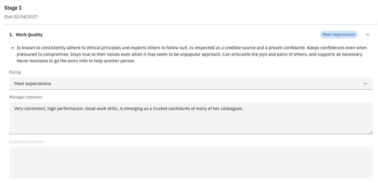 The probation review, with the dropdown for the rating and space for the manager's comment, the employee field is read-only