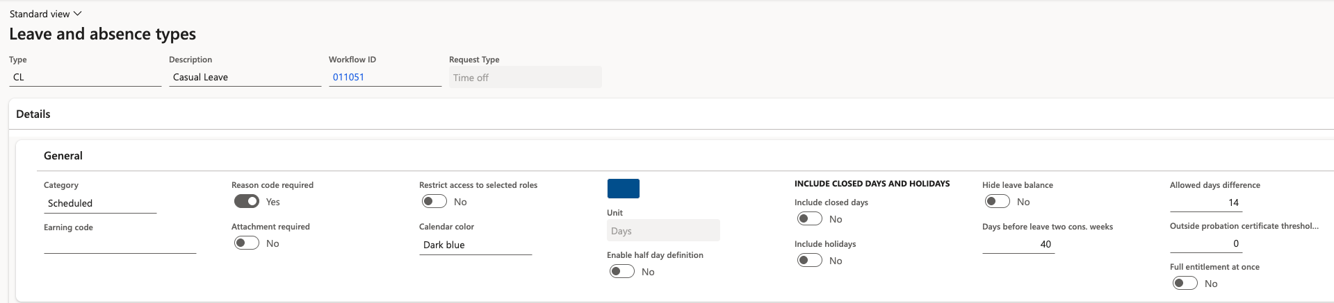 The leave type setup showing the consecutive days trigger and the advance notice period