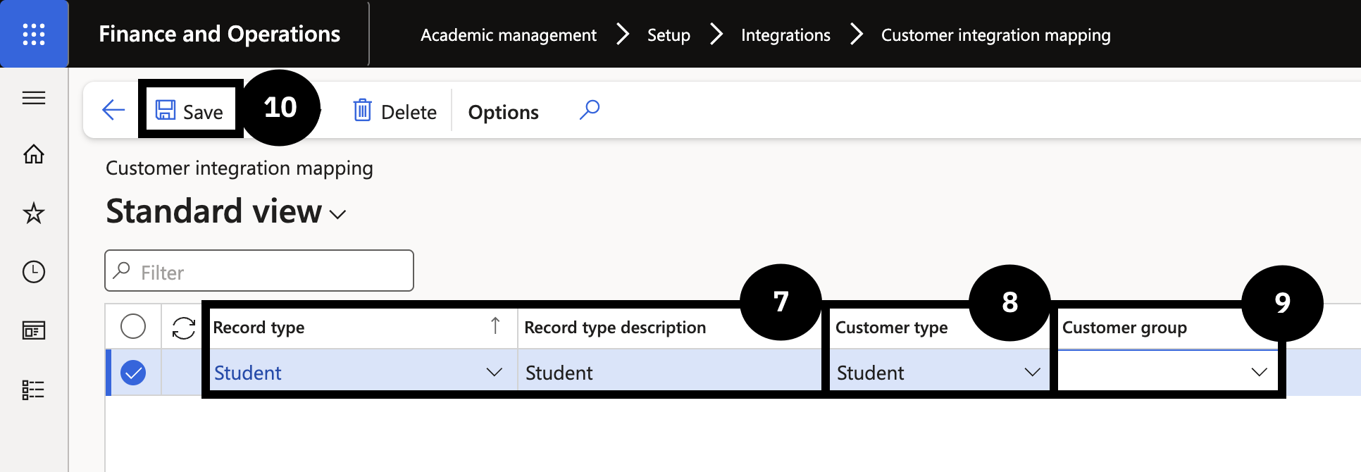 Configure Customer Integration Mapping — the Customer integration mapping form with Record type, Customer type, and Customer group fields