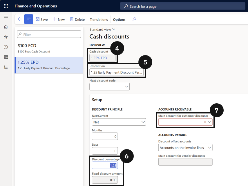 Configure an Advance Payment Discount — Date Based — the Cash discounts form with the discount code, description, percentage, and Main Account fields
