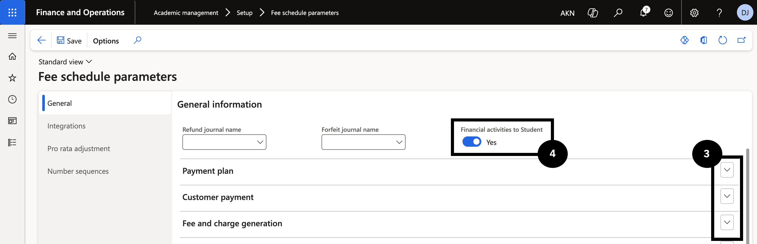 Configure Fee Schedule Parameters — the General tab with journal fields, user group, and Financial activities to Student options