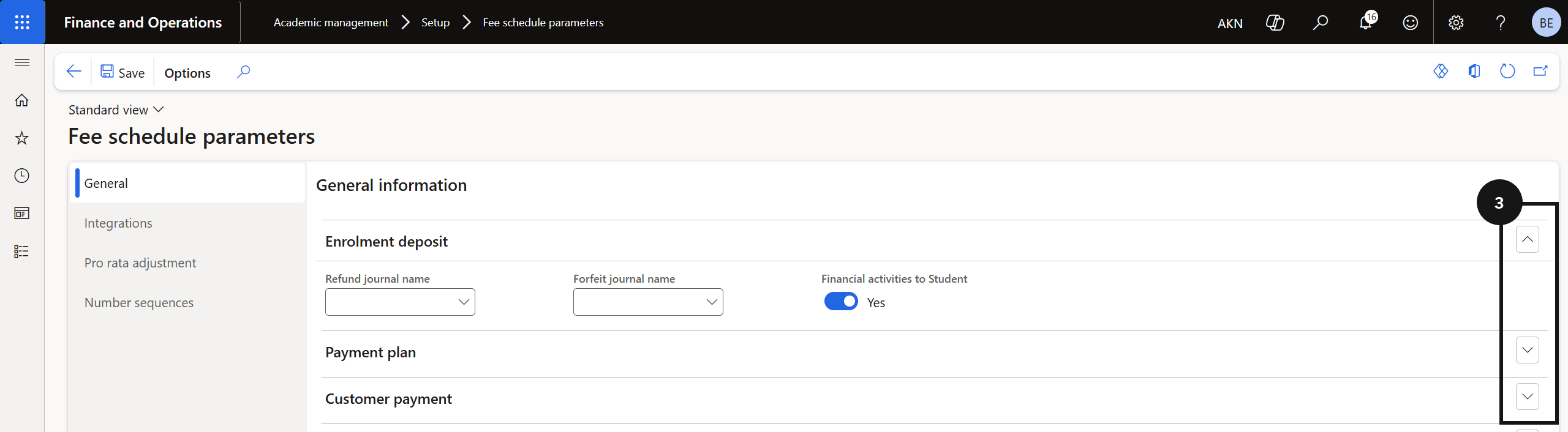 Configure Fee Schedule Parameters — the General tab with journal and user group fields