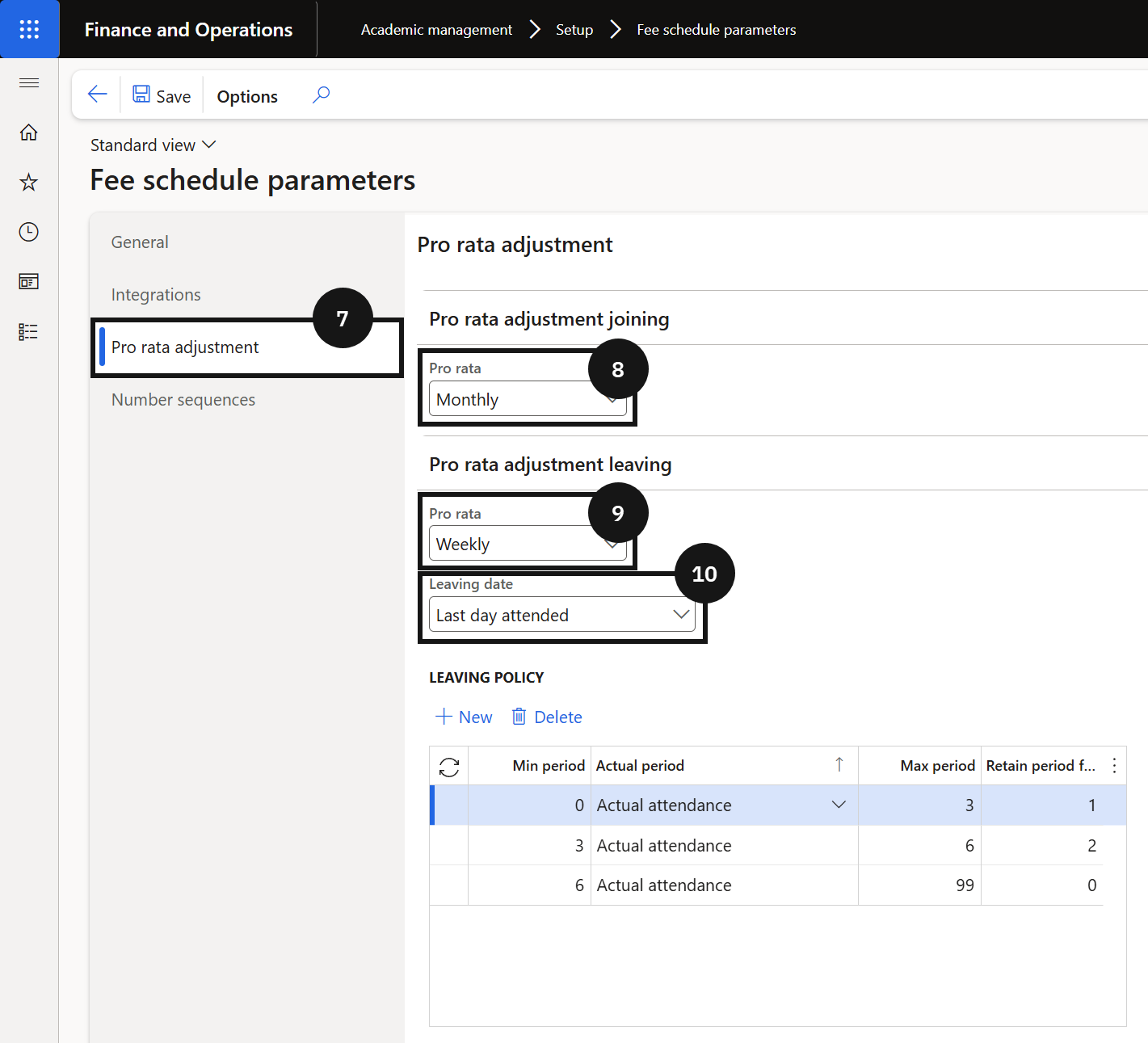 Configure Fee Schedule Parameters — the Pro rata adjustment tab with joining and leaving options
