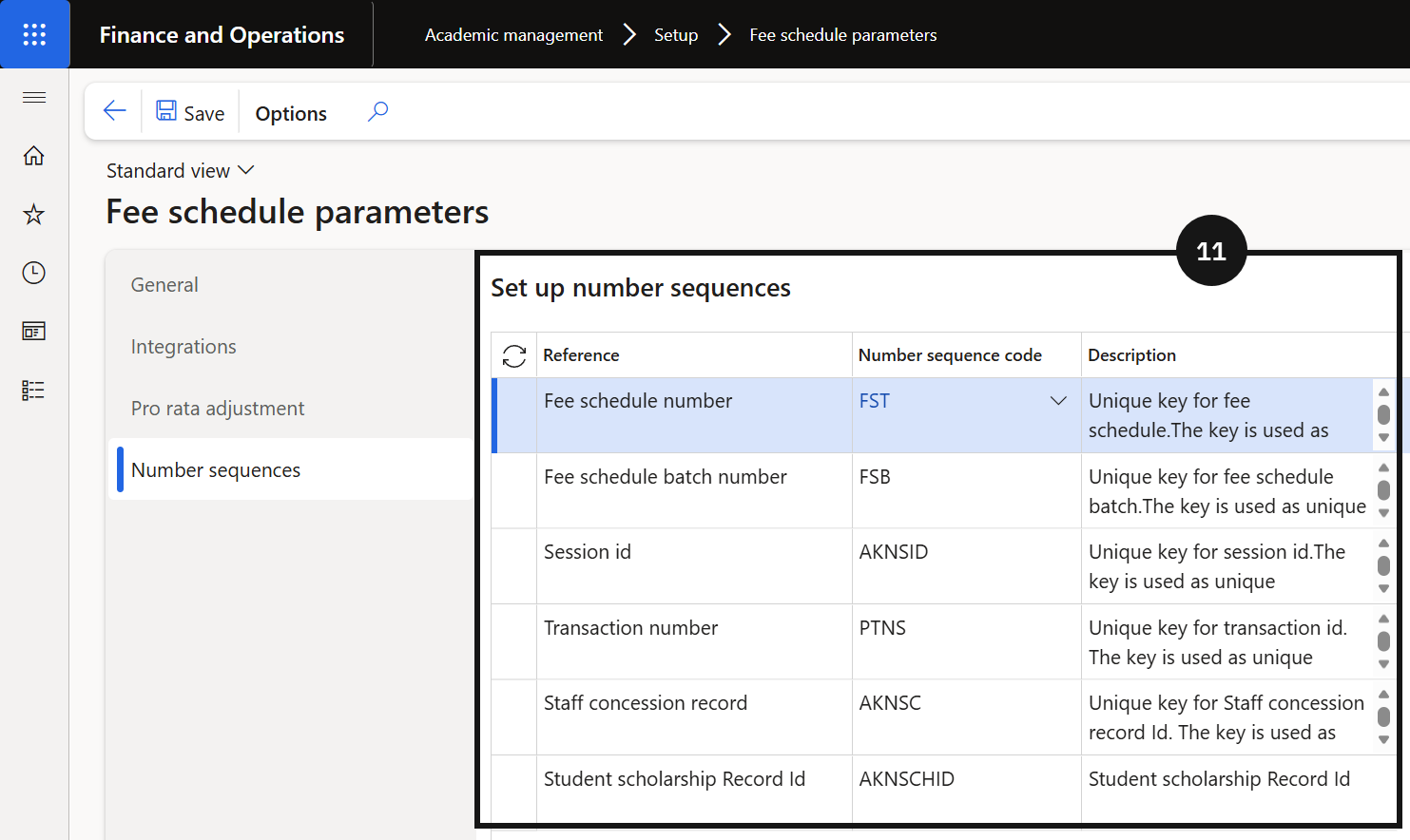 Configure Fee Schedule Parameters — the Number sequences tab showing all references