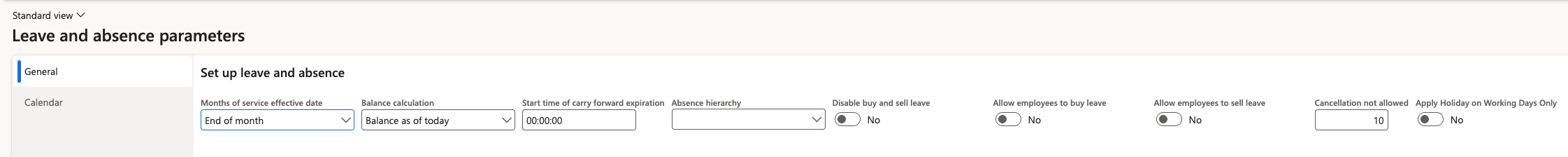 The leave and absence parameters showing the cancellation window setting