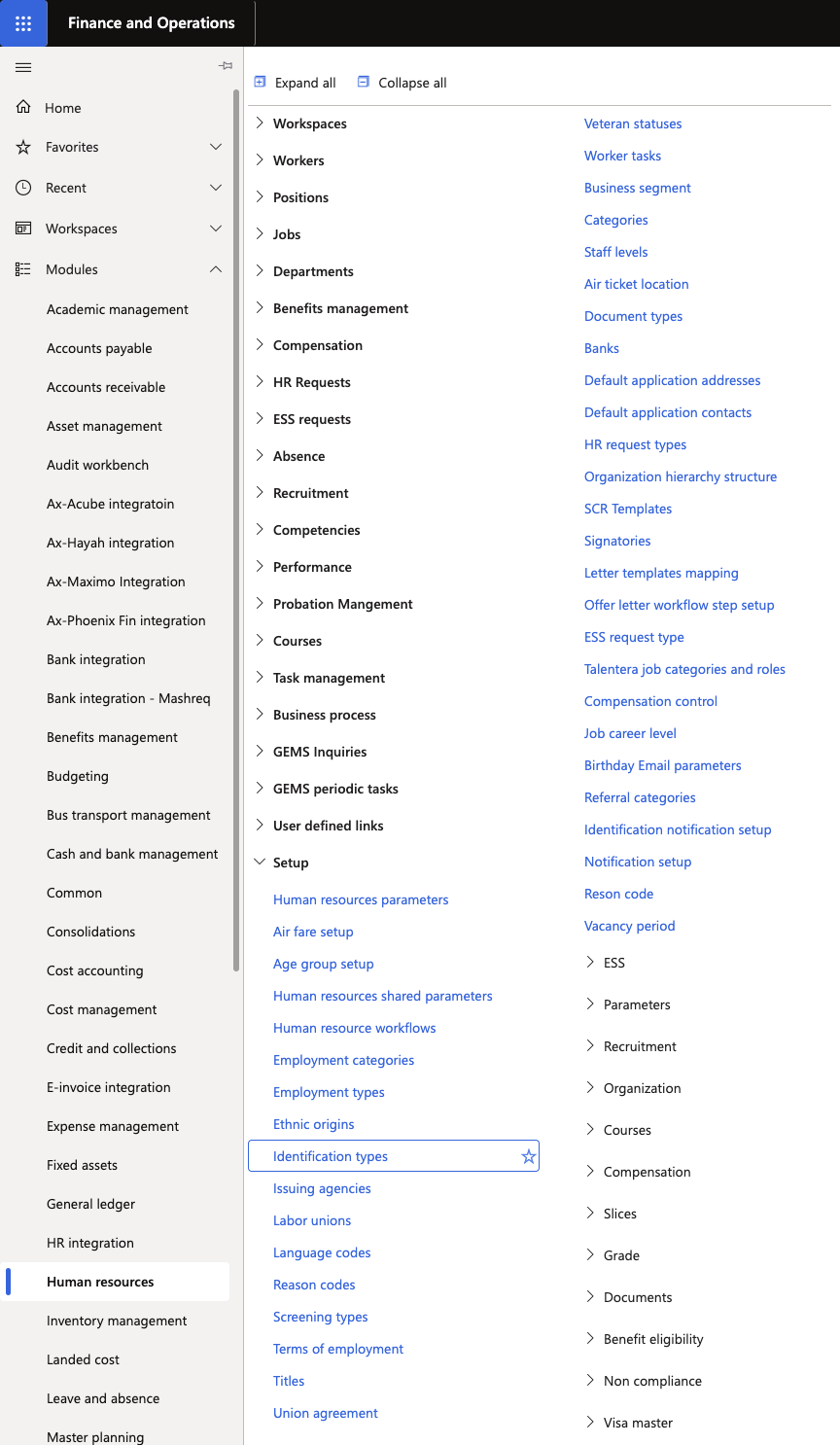 The D365 navigation showing the Identification Types setup form within the Human Resources configuration area